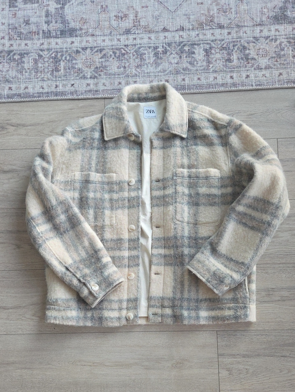 Zara Men Cream & Gray Plaid Shacket